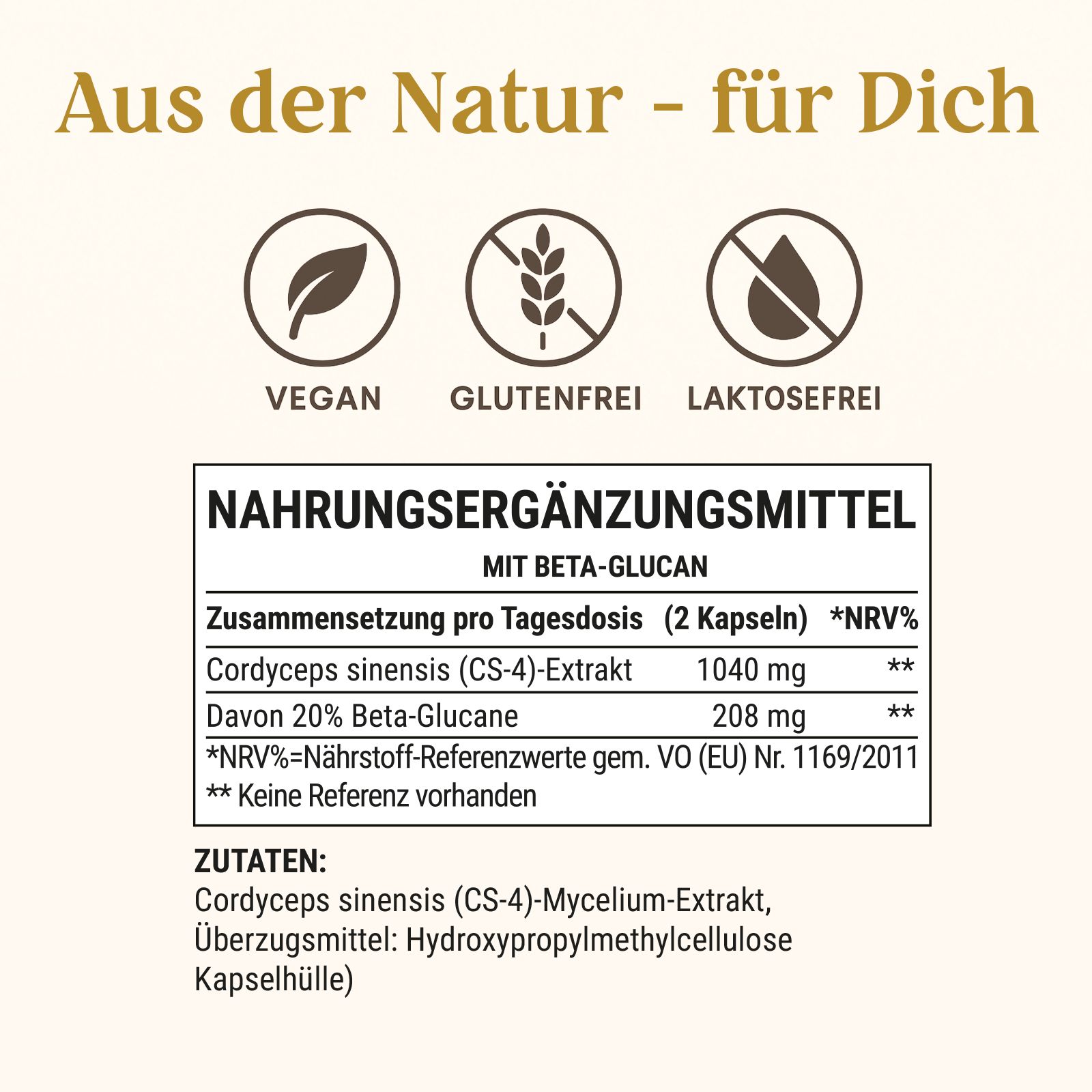Etikett mit Text: Nahrungsergänzungsmittel mit Beta-Glucan. Zusammensetzung pro Tagesdosis. Enthält Cordyceps sinensis, 20% Beta-Glucane. Vegan, glutenfrei, laktosefrei.
