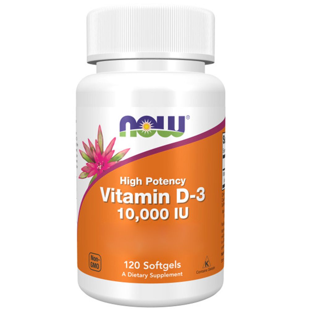 Weiße Flasche mit Schraubverschluss. Aufkleber mit orangefarbenem Hintergrund und Text: Vitamin D-3, 10.000 IE, 120 Softgels. Marke: NOW.