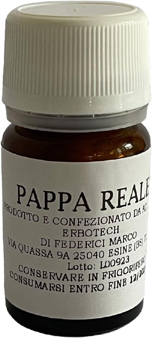Flacone di vetro marrone con tappo bianco. Scritta PAPPA REALE. Informazioni sul prodotto sull'etichetta.