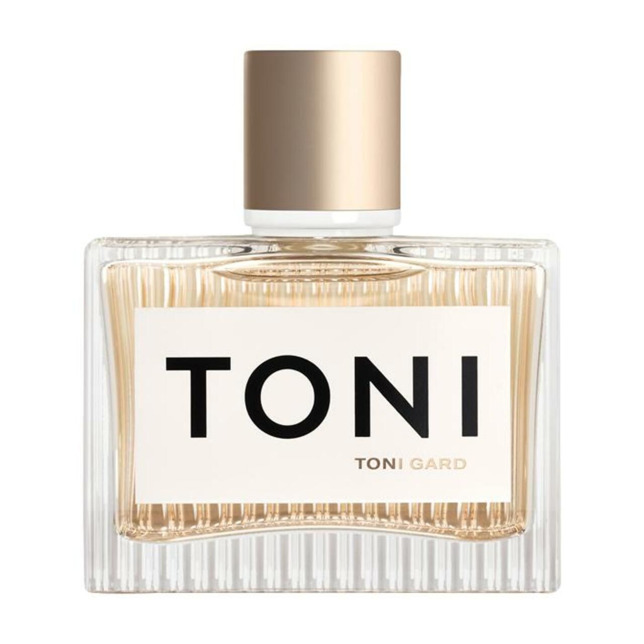 Rechteckiger, transparenter Flakon mit goldfarbenem Verschluss. Aufschrift TONI und TONI GARD.