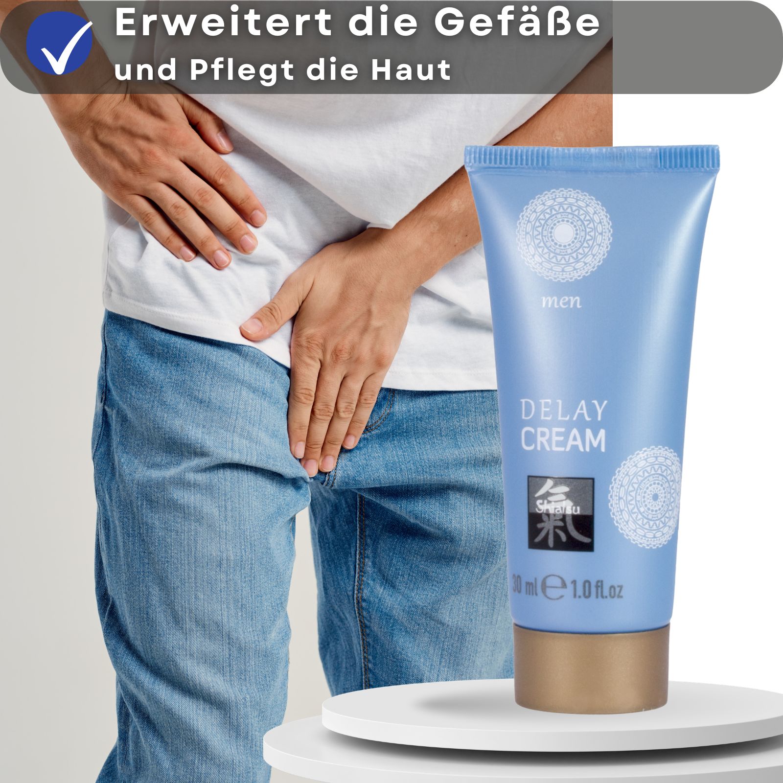 Produkt und Tube. Text: DELAY CREAM, Shiatsu, 30 ml. Paar im Hintergrund.