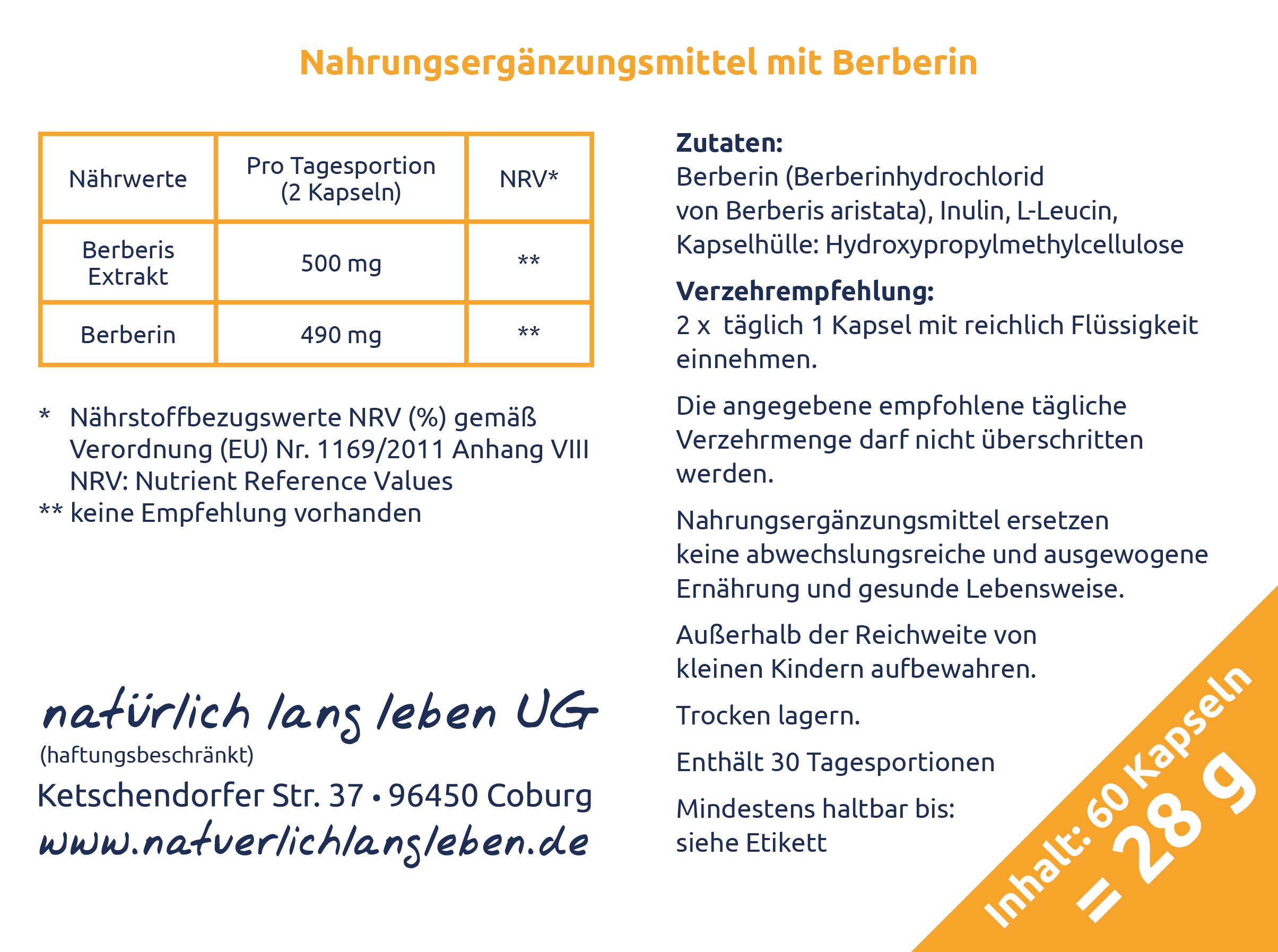 natürlich lang leben Berberin Kapseln (500 mg)