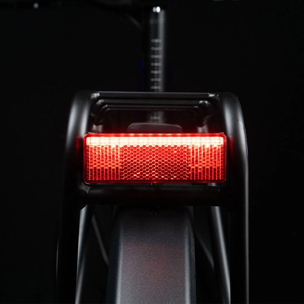 Rückansicht des schwarzen E-Bikes. Rotes Rücklicht am Gepäckträger.
