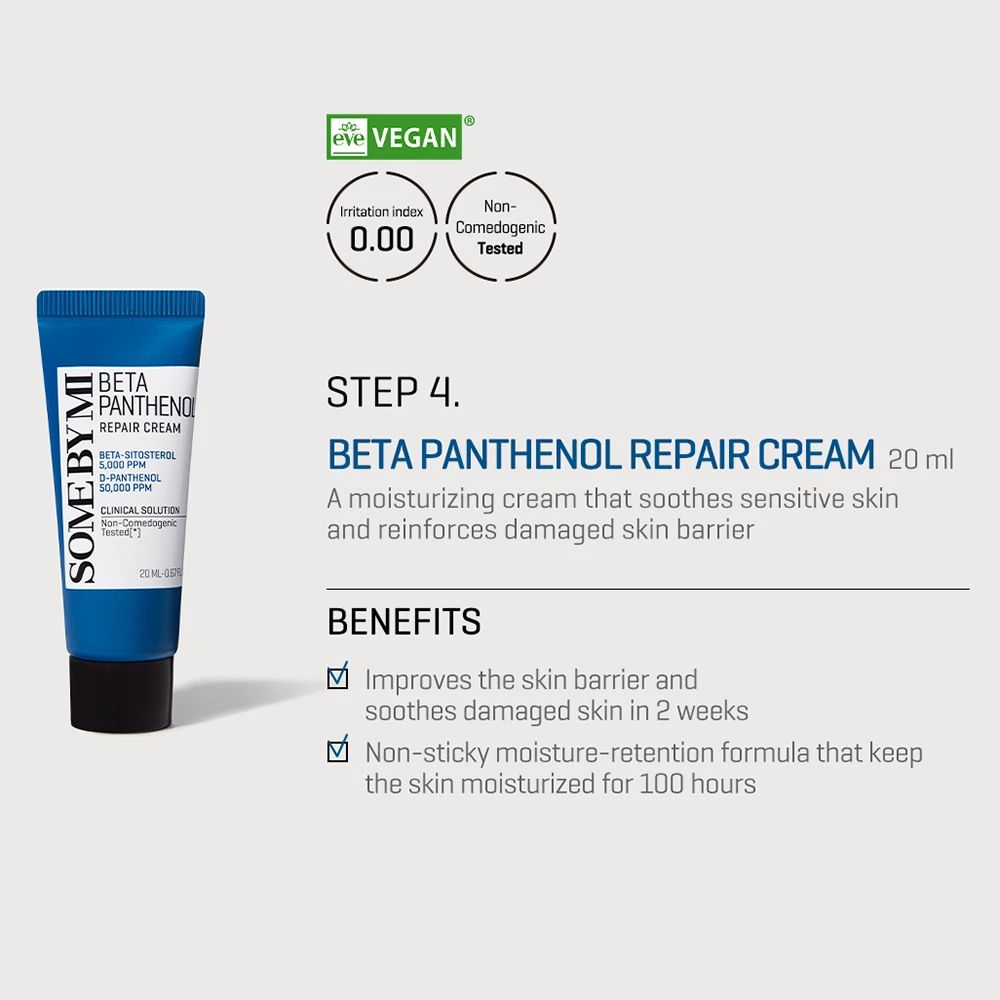 Blaue Tube mit schwarzem Deckel. Aufdruck: SOME BY MI, Beta Panthenol Repair Cream. Text auf weißem Hintergrund.