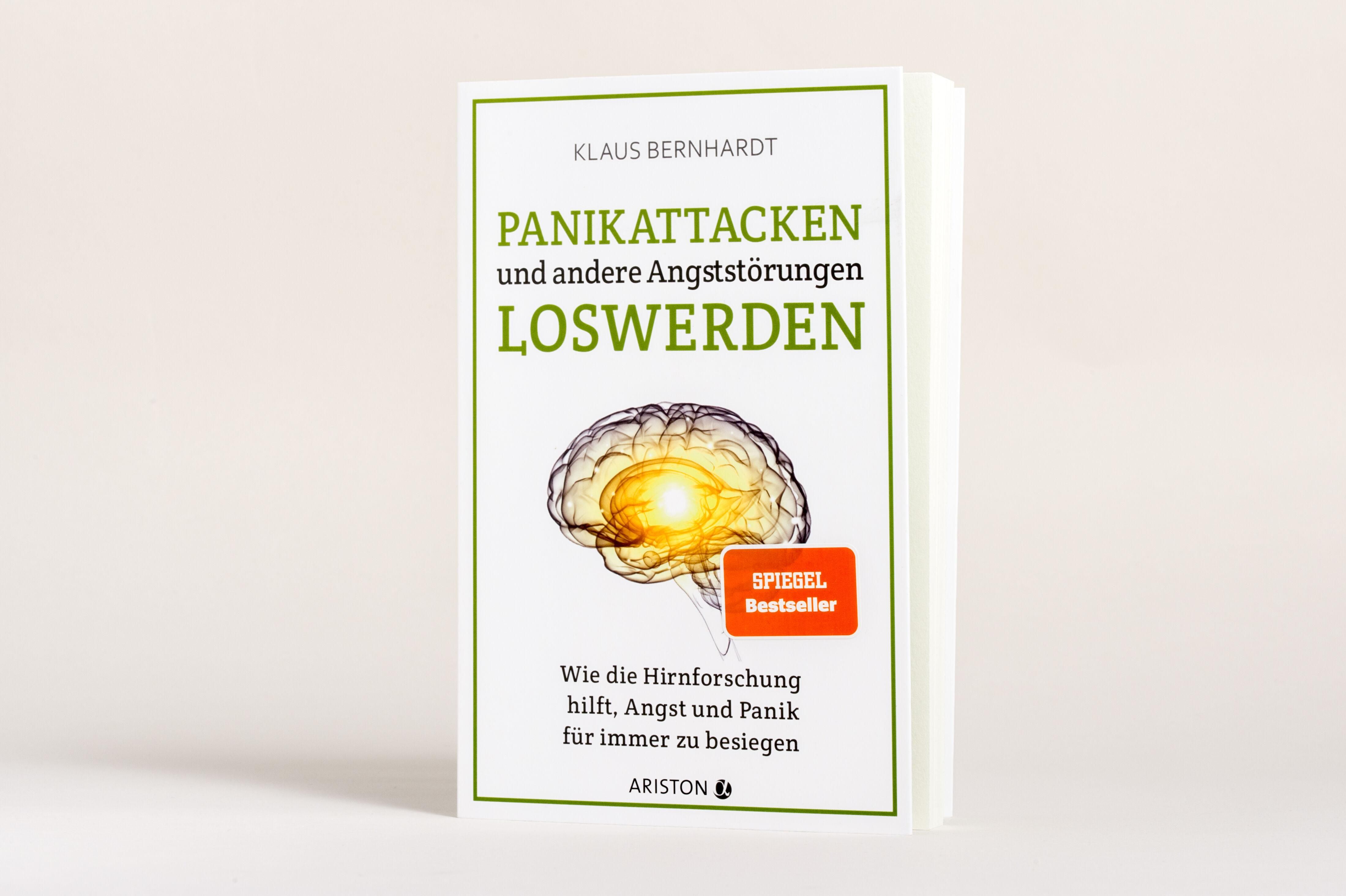 Buch, Titel: Panikattacken und andere Angststörungen loswerden. Gehirn-Illustration. Spiegel Bestseller-Siegel.
