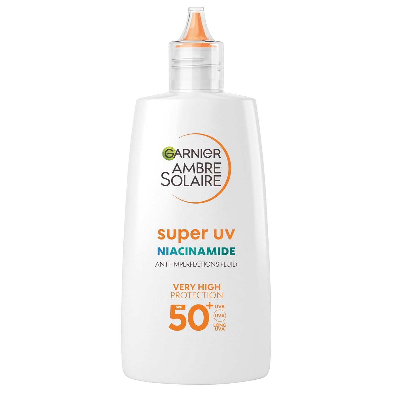 Weiße Flasche mit Garnier Ambre Solaire Super UV Niacinamide. Orangefarbener Deckel. Text: Super UV, Niacinamide, LSF 50+.