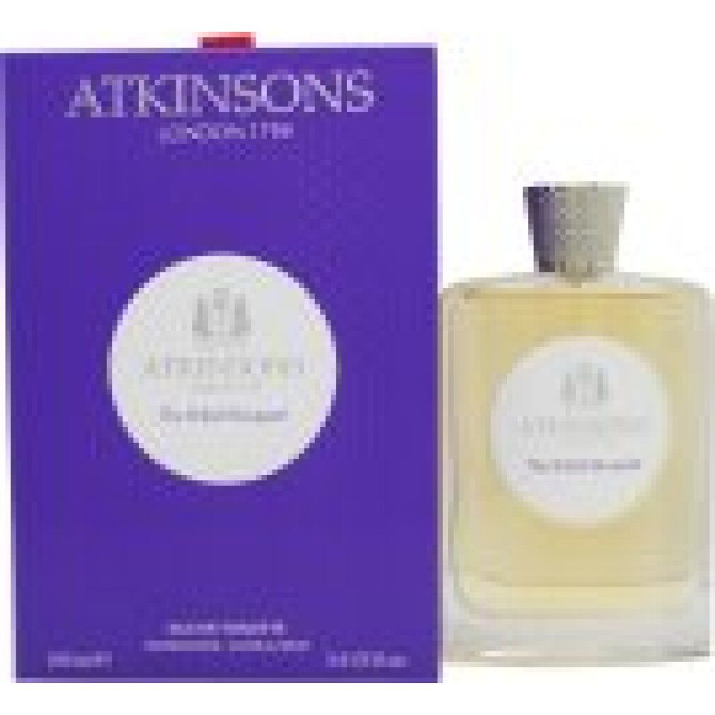 Flakon und lila Verpackung. Aufschrift: ATKINSONS, The British Bouquet. Flakon mit silberfarbenem Verschluss.