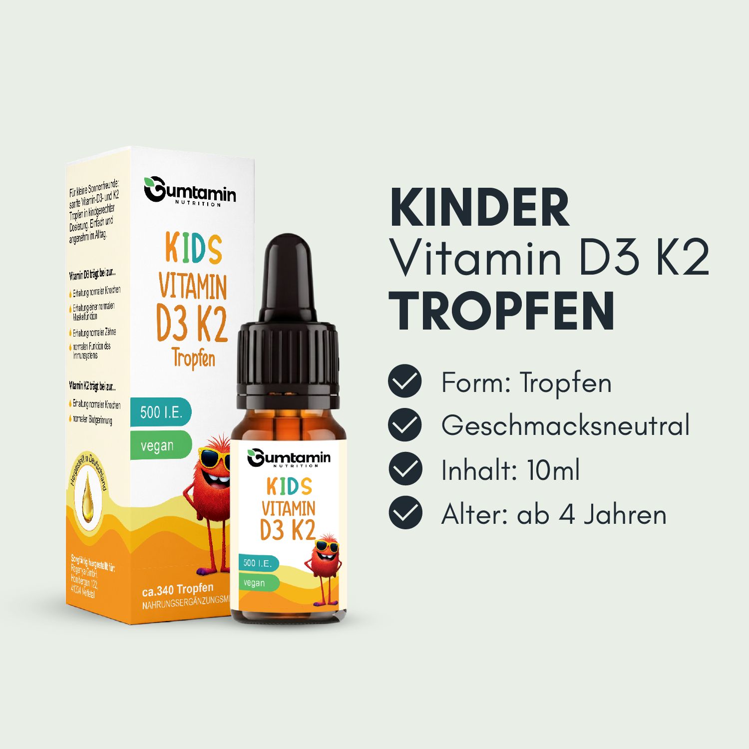 Tropfenflasche und Verpackung. Aufschrift: KIDS Vitamin D3 K2 Tropfen. Merkmale: Form: Tropfen, geschmacksneutral, Inhalt: 10ml, Alter: ab 4 Jahren.