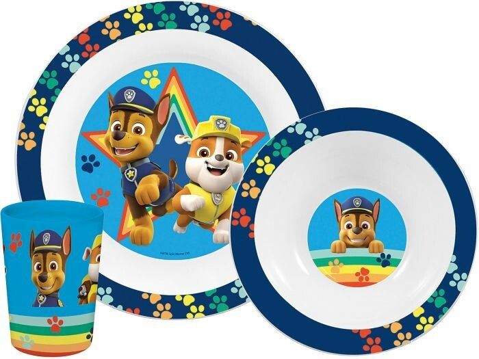 Frühstücksset mit Paw Patrol-Motiv. Teller, Schüssel und Becher mit farbigen Pfotenabdrücken und Charakteren.