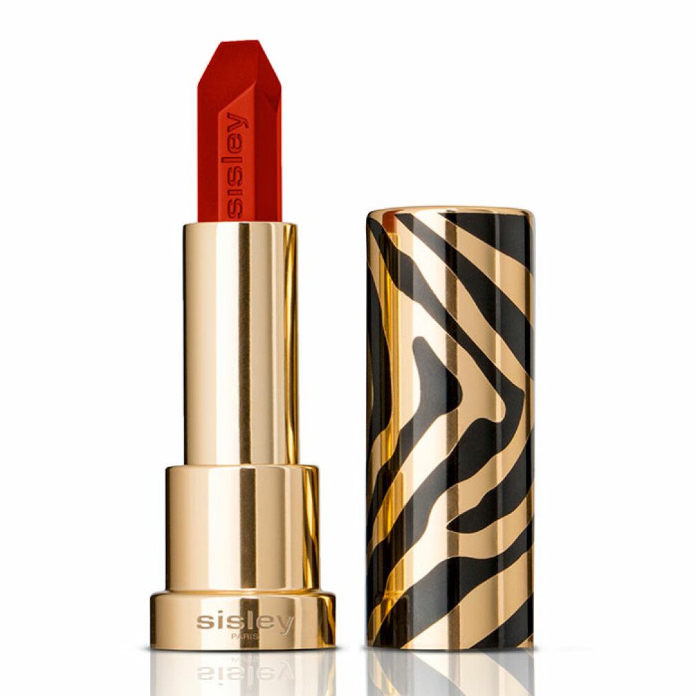 Roter Lippenstift mit goldener Hülse und Zebra-Muster. Marke Sisley. Der Lippenstift ist geöffnet.