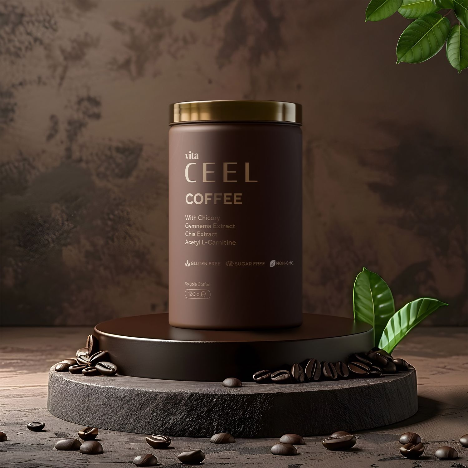 Braune Dose "vita CEEL COFFEE" mit goldenem Deckel, 90g. Enthält Chokeberry-Extrakt, Chia-Samen-Extrakt, Acetyl-L-Carnitin. Glutenfrei, zuckerfrei.