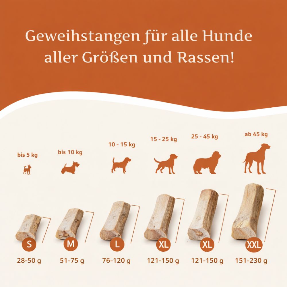 Größenübersicht für Rothirsch-Kaustangen: S, M, L, XL, XXL. Hunde von 5 kg bis über 45 kg.