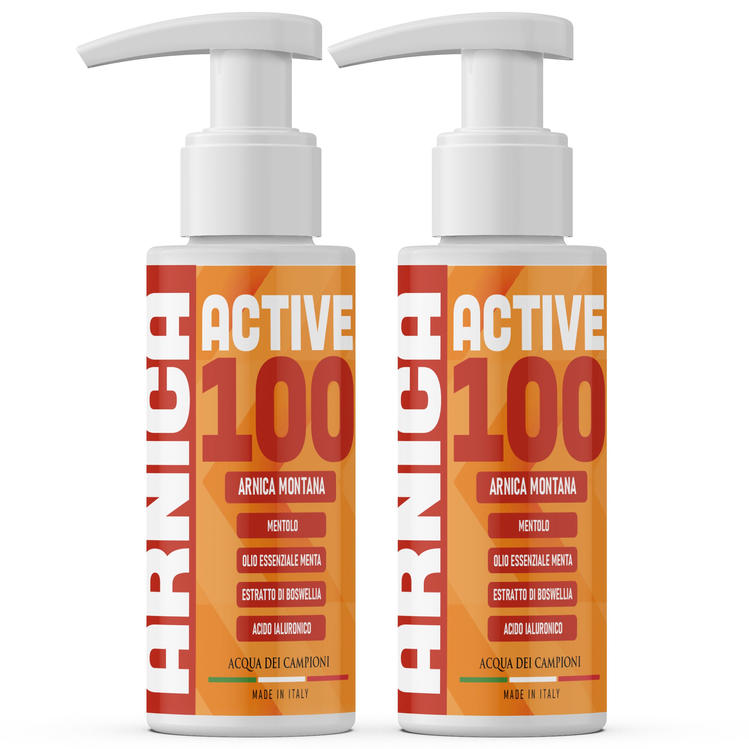 Zwei Flaschen mit Pumpverschluss. Aufschrift: Arnica Active 100. Inhaltsstoffe: Arnica Montana, Menthol, ätherisches Minzöl, Boswellia-Extrakt, Hyaluronsäure.