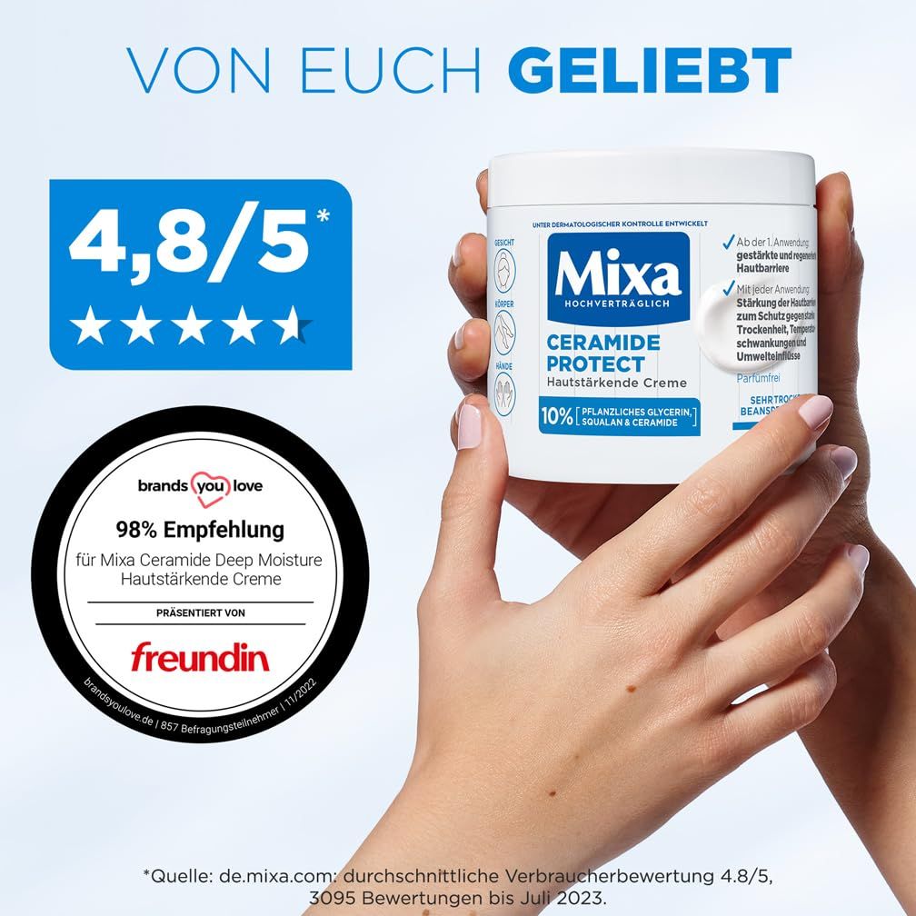 Hände halten Dose. Text: 4,8/5 Sterne Bewertung. 98% Empfehlung. Mixa Ceramide Deep Moisture Hautstärkende Creme.