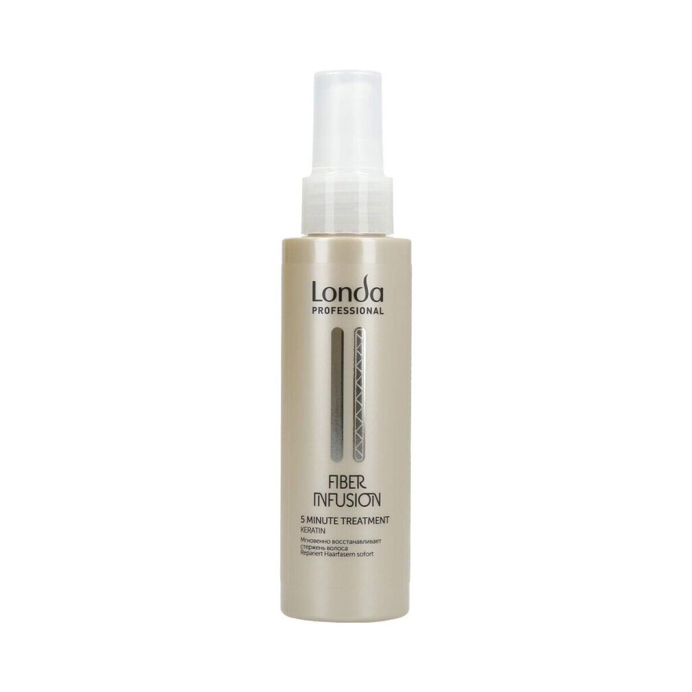Beige Flasche mit Sprühkopf. Aufschrift: Londa Professional, Fiber Infusion, 5 Minute Treatment. Vertikale Streifen und Zickzack-Muster.