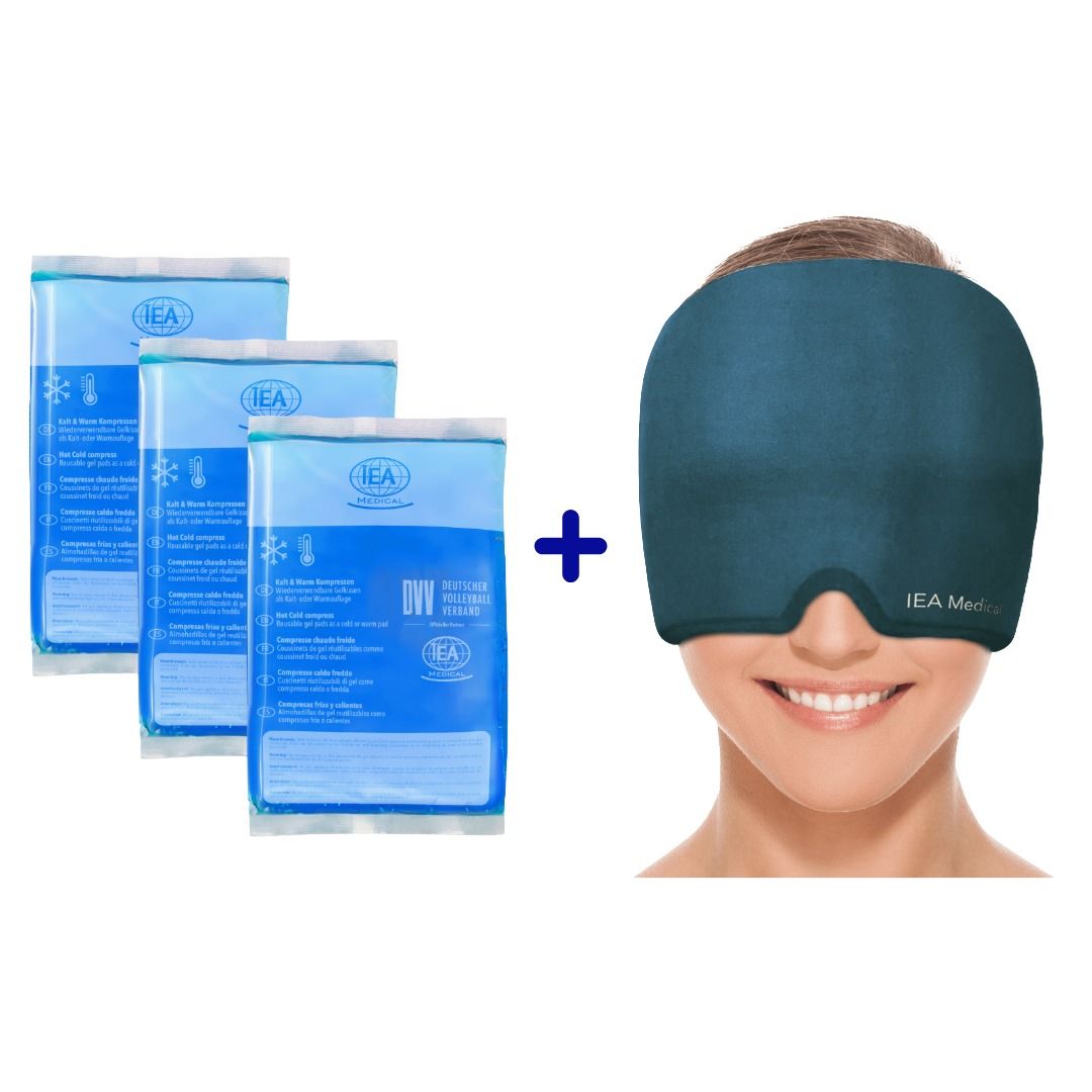 Blaues Migränemaske und 3 blaue Kühlkompressen. IEA Medical Logo auf Maske und Kompressen.