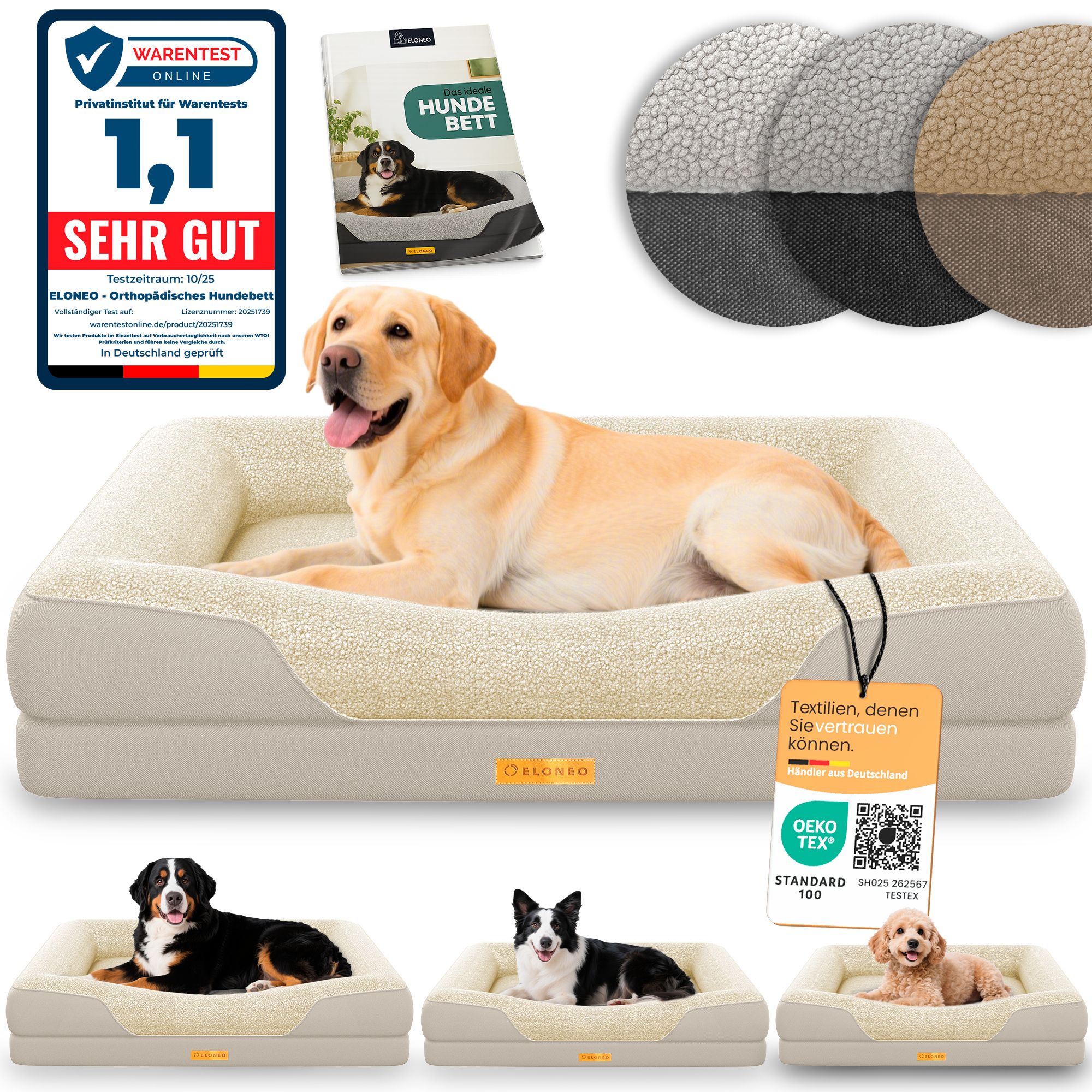 Hundebett mit Hund. Text: Sehr gut. Zertifizierung. Drei Stoffmuster. Text: Textilien, denen Sie vertrauen können.
