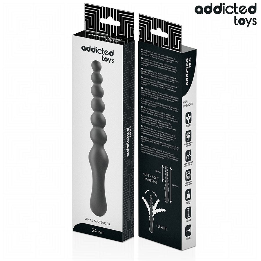 Verpackung mit schwarzem Analplug mit kugelförmigen Elementen. Text: Anal Massager, 24 cm. Marke: Addicted Toys.