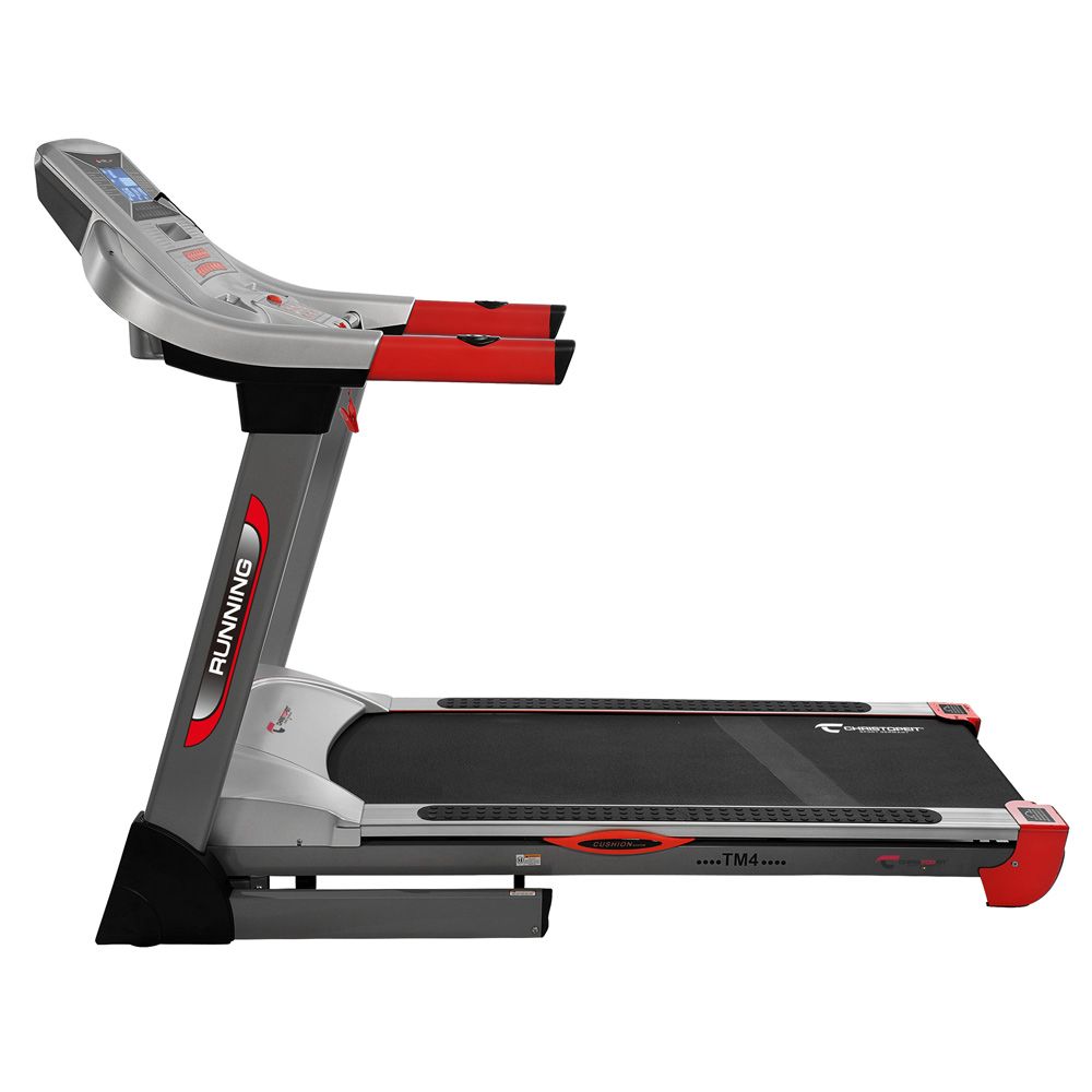 Laufband CHRISTOPEIT SPORT TM 4. Grau-rot. Konsole mit Display, Handläufe. Schwarze Lauffläche. Seitenansicht.