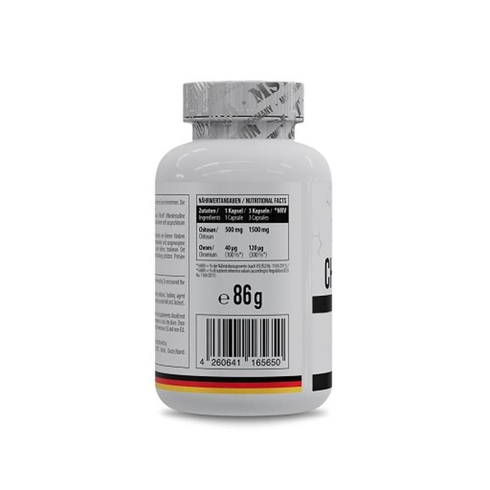 Rückseite einer weißen Flasche. Etikett mit Nährwertangaben, Barcode und deutsche Flagge. Gewicht: 86g.