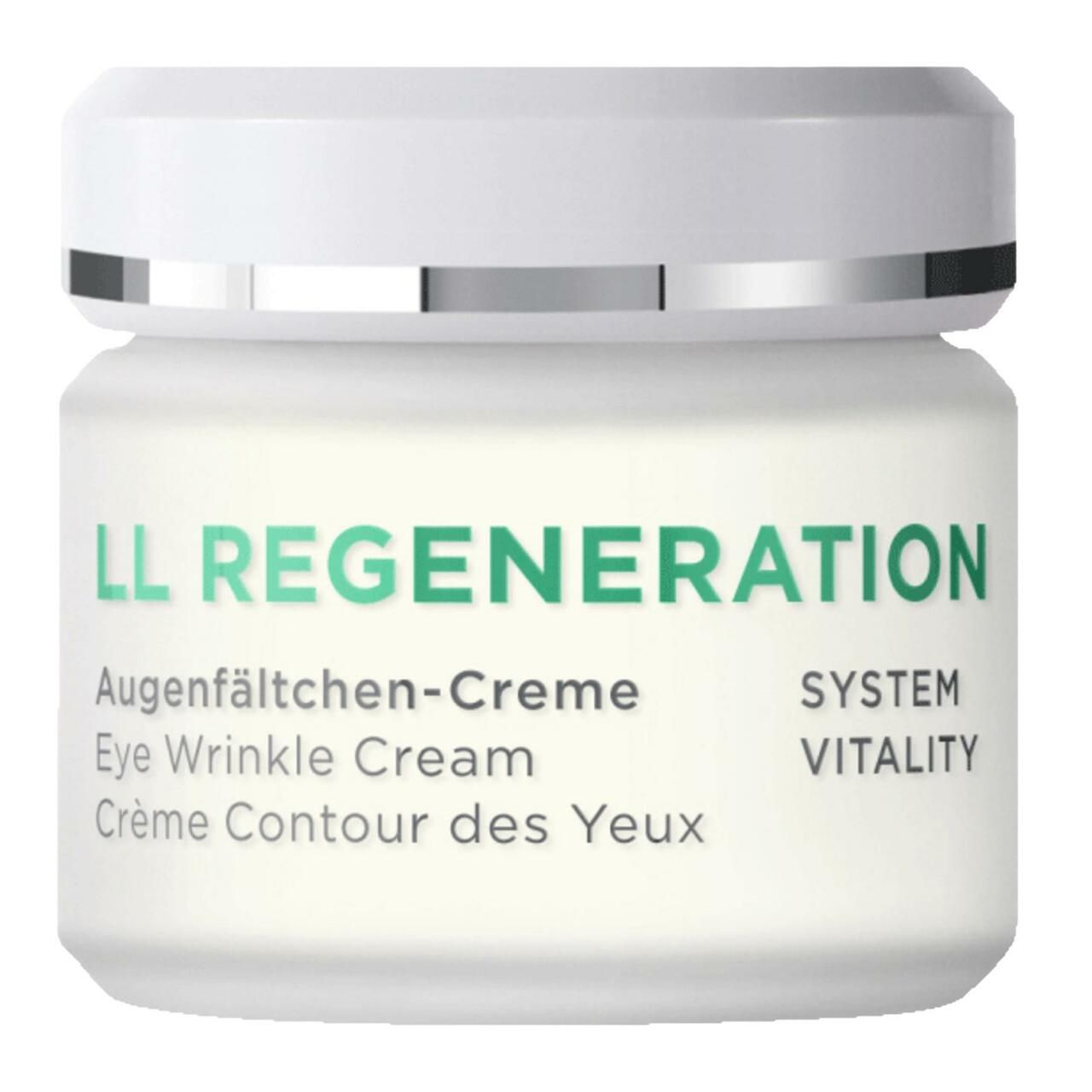 Verpackung. Aufschrift: ANNEMARIE BÖRLIND, LL REGENERATION, Augenfältchen-Creme, Eye Wrinkle Cream, Crème Contour des Yeux.