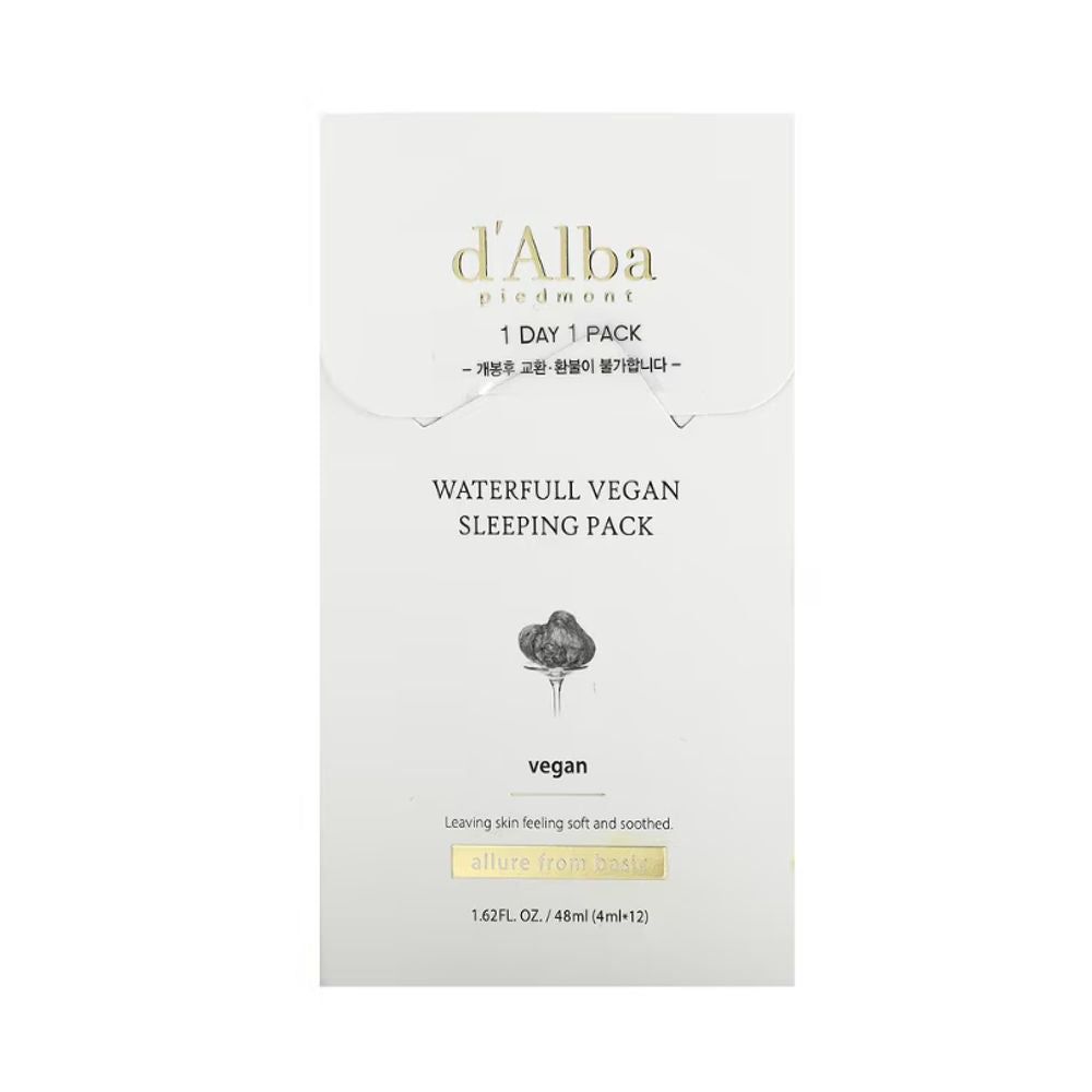 Weiße Verpackung mit Produktnamen und Logo. Aufschrift: Waterfull Vegan Sleeping Pack. Vegan-Siegel.