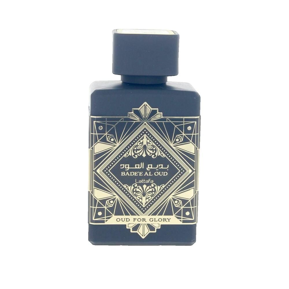 Schwarze Parfumflasche mit goldfarbenen Verzierungen und Schriftzügen. Aufschrift: Badee Al Oud For Glory.