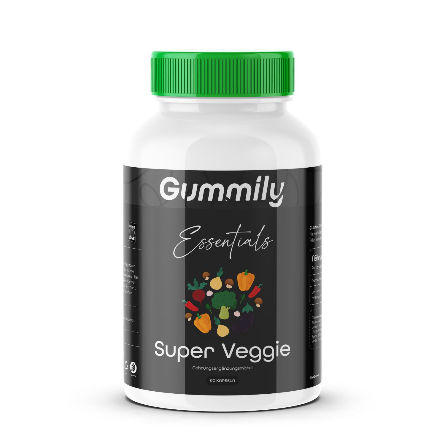 Weiße Flasche mit grünem Deckel. Schwarzes Etikett mit Gummily Essentials, Super Veggie und Gemüse-Illustration.