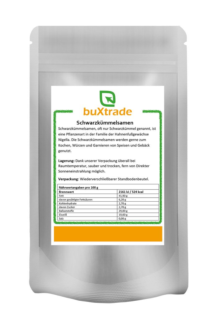 Verpackung mit buXtrade Schwarzkümmelsamen. Wiederverschließbarer Standbodenbeutel mit Produktinformationen und Nährwertangaben.