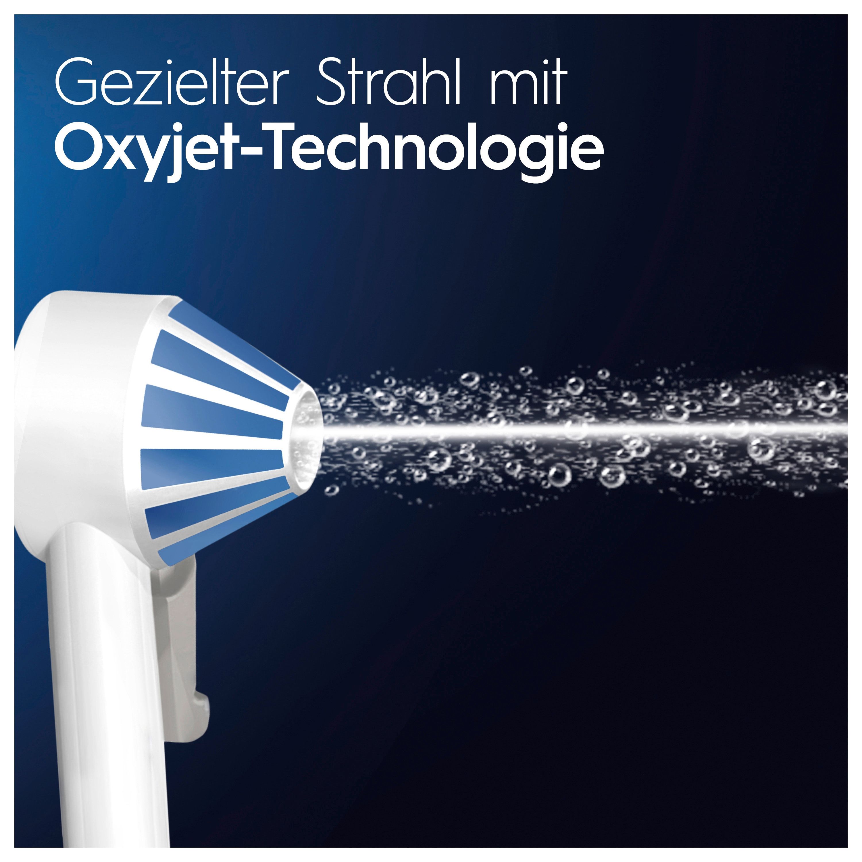 Nahaufnahme des Mundduschenaufsatzes, der einen Wasserstrahl erzeugt. Text: Gezielter Strahl mit Oxyjet-Technologie.