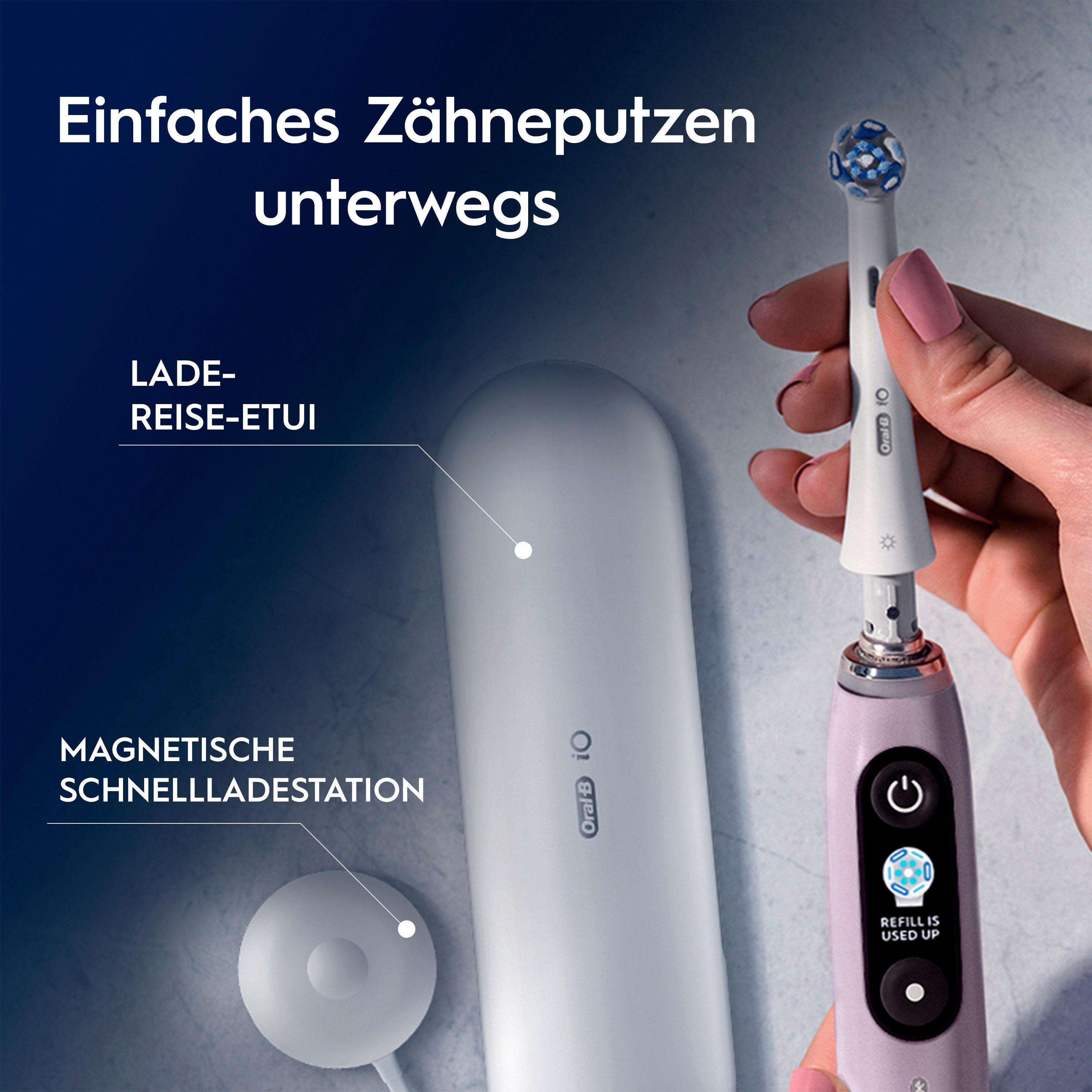 Zahnbürste, Ladestation und Reiseetui. Text: "Einfaches Zähneputzen unterwegs".