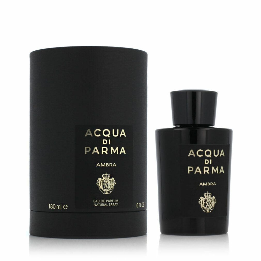 Schwarze Flasche und zylindrische Verpackung. Aufschrift: Acqua di Parma, Ambra. Verpackung: 180 ml, 6 fl.oz.