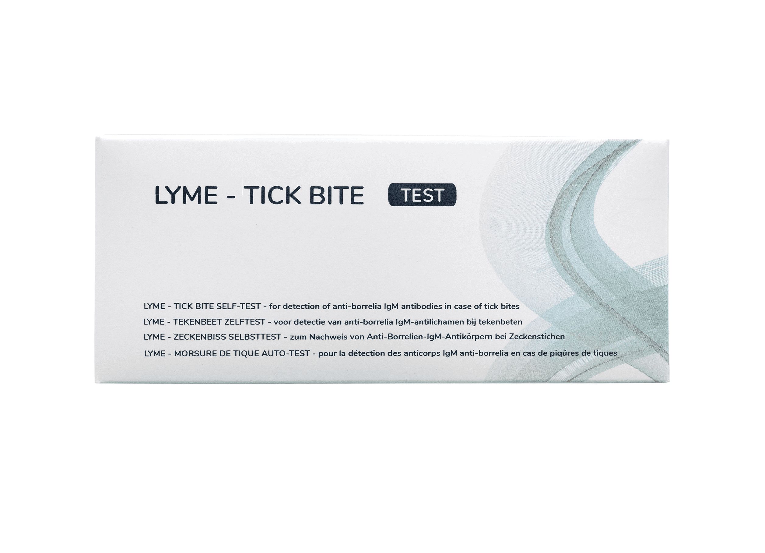 Verpackung des Borreliose-Tests mit mehrsprachigen Produktinformationen.
