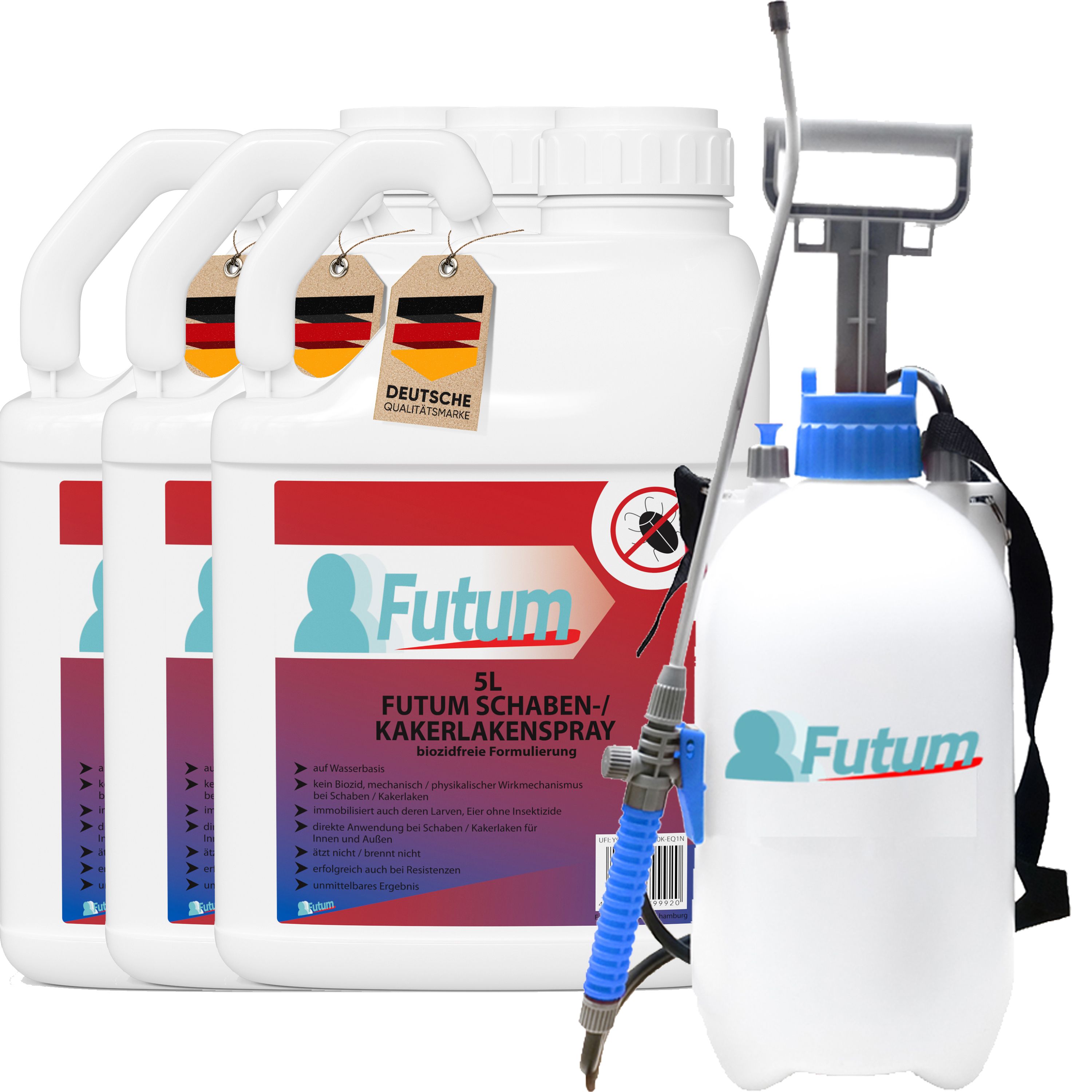 Drei weiße Kanister und ein Sprüher. Auf den Kanistern steht "FUTUM 5L Schaben-/Kakerlakenspray". Ein Anhänger mit deutscher Flagge.