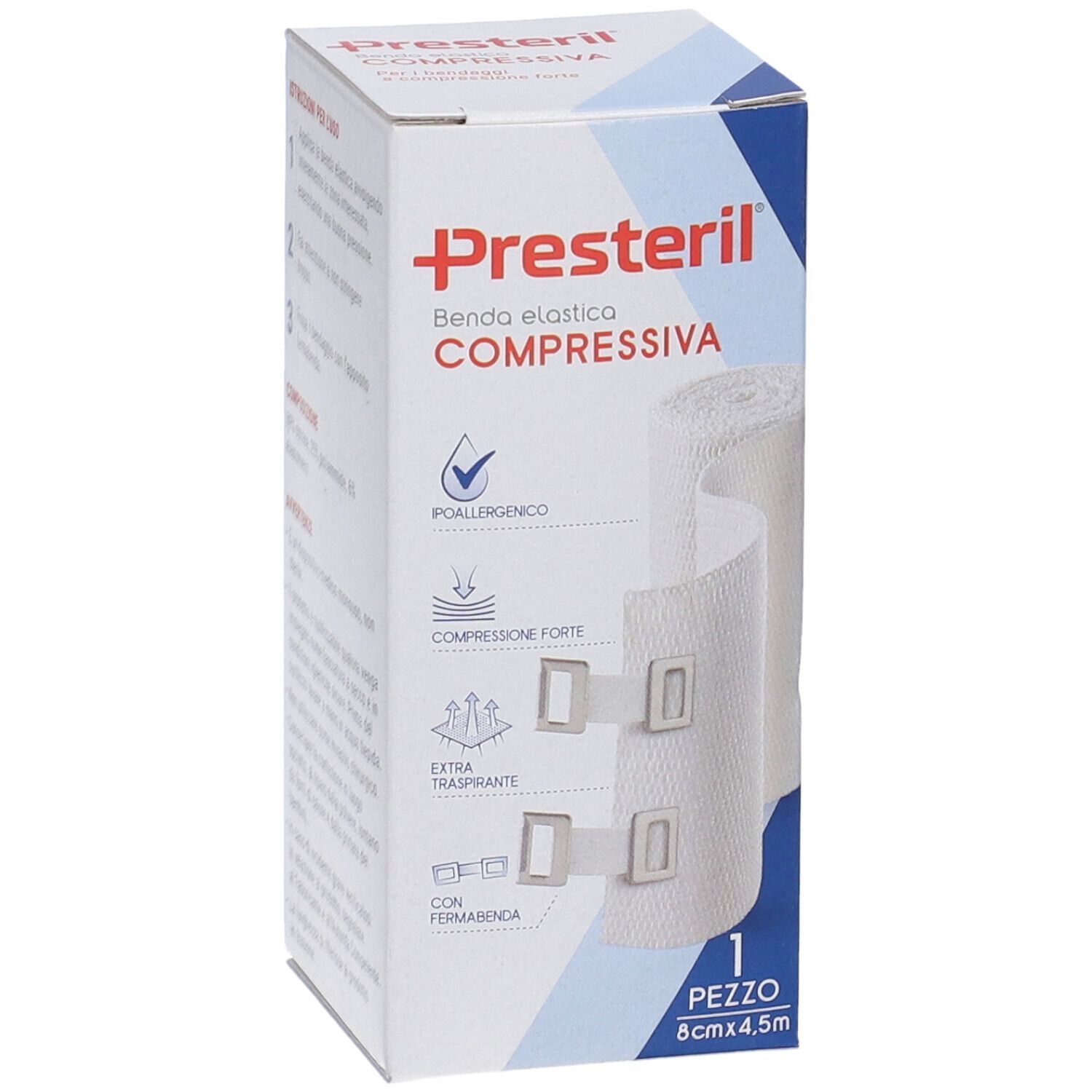 Presteril Benda Elastica Compressiva. Weiße elastische Bandage mit Verschlüssen. 8cm x 4,5m. 1 Stück.