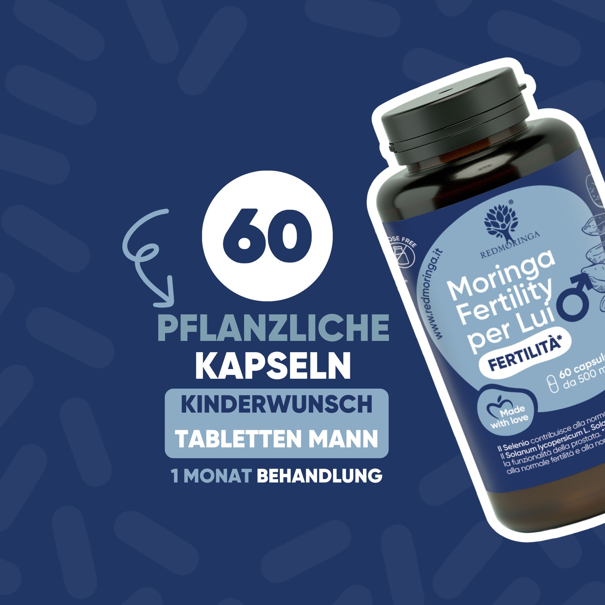 Flasche mit Kapseln, umgeben von grünen Kapseln. Text: "Einzigartige Formel", "Kinderwunsch Männer".
