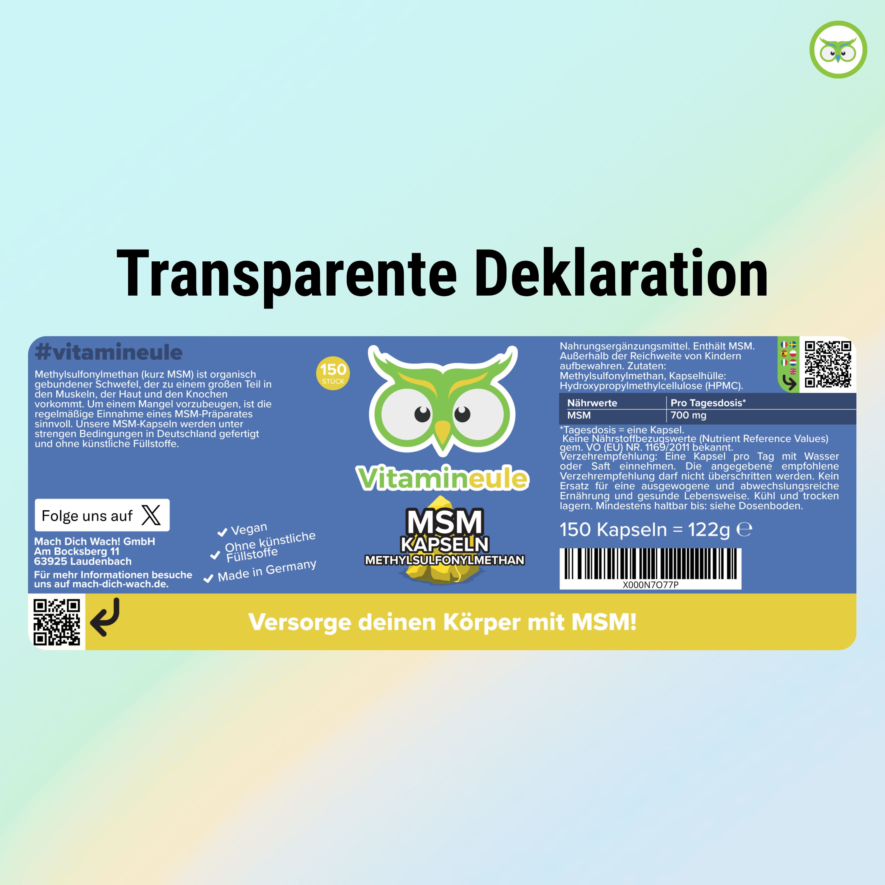 Blaue Verpackung mit Text: Vitamineule, MSM Kapseln, Methylsulfonylmethan, 150 Kapseln. QR-Code, Vegan, Ohne künstliche Füllstoffe.
