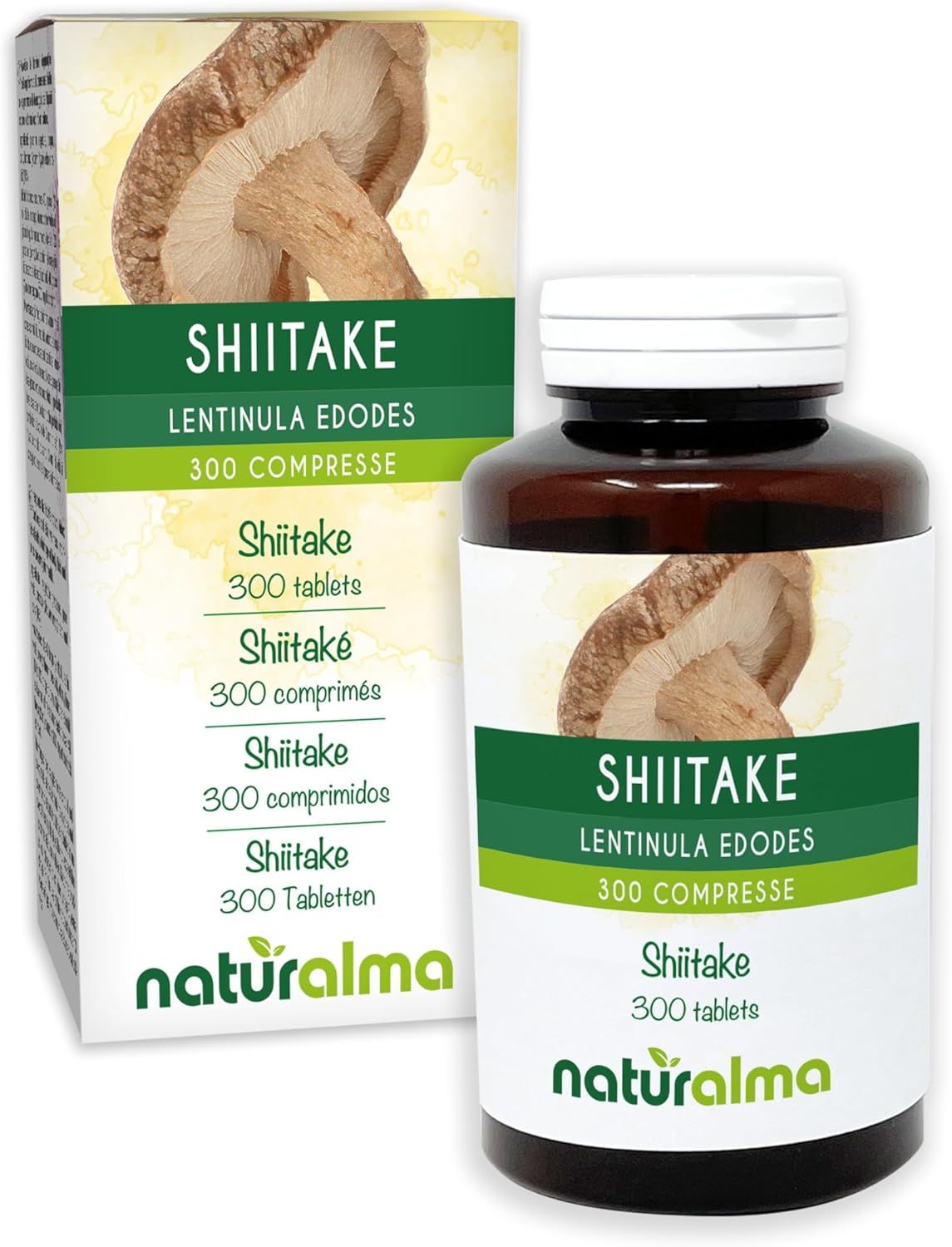 Shiitake Lentinula edodes Tabletten, Dose und Verpackung. Naturalma Logo.