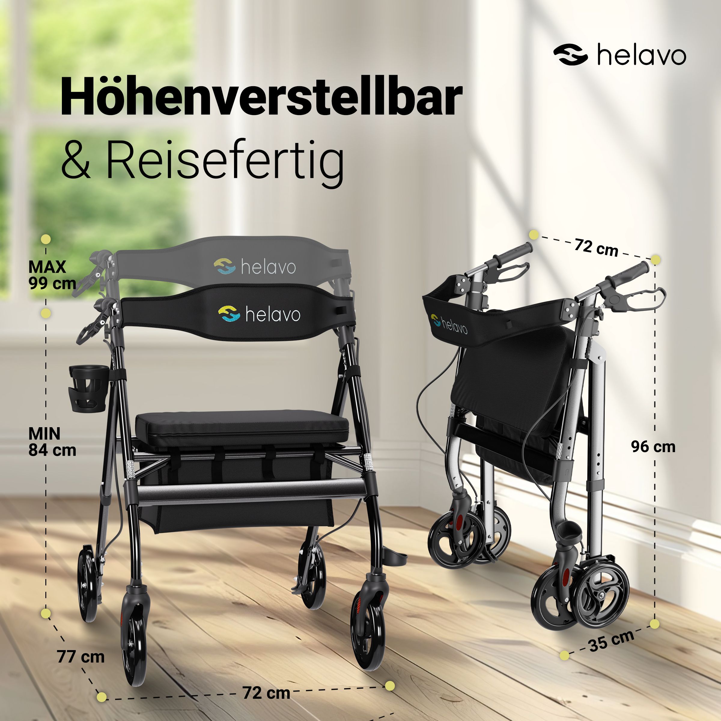 Helavo Rollator extra breit, faltbarer, mit höhenverstellbarem Sitz, bis 226 kg