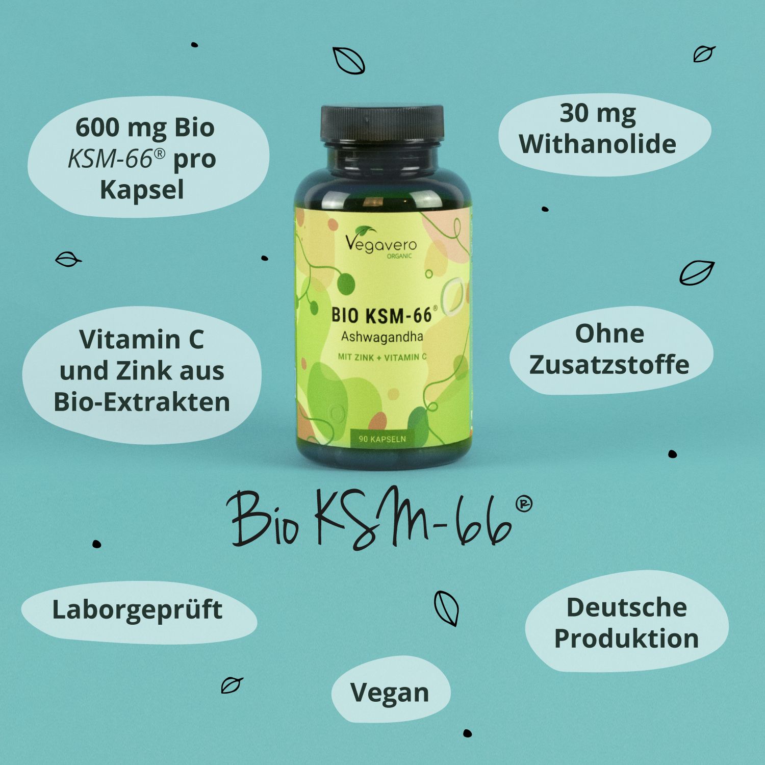 Produktflasche BIO KSM-66 Ashwagandha, umgeben von Text. Informationen zu Inhaltsstoffen und Zertifizierungen.