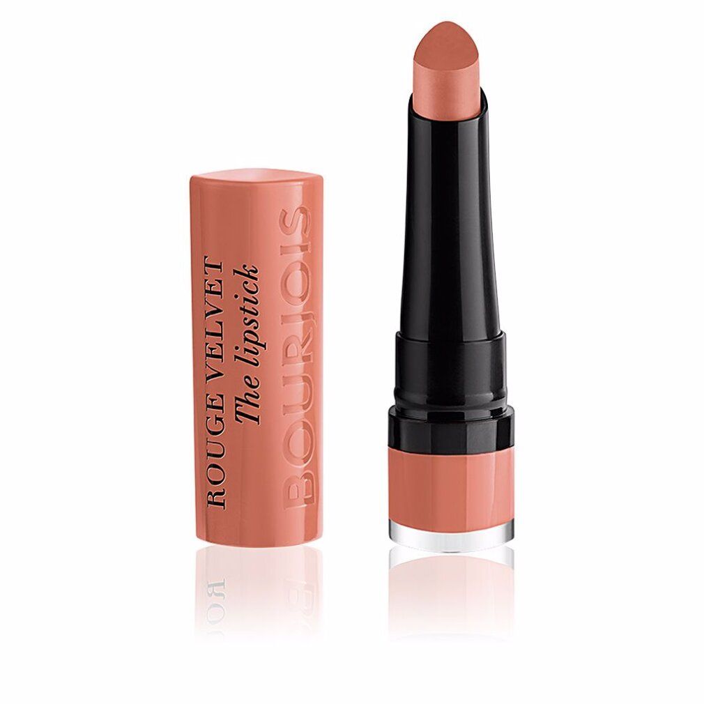 Lippenstift mit geöffneter Kappe. Auf dem Lippenstift steht "ROUGE VELVET The lipstick" und "BOURJOIS".