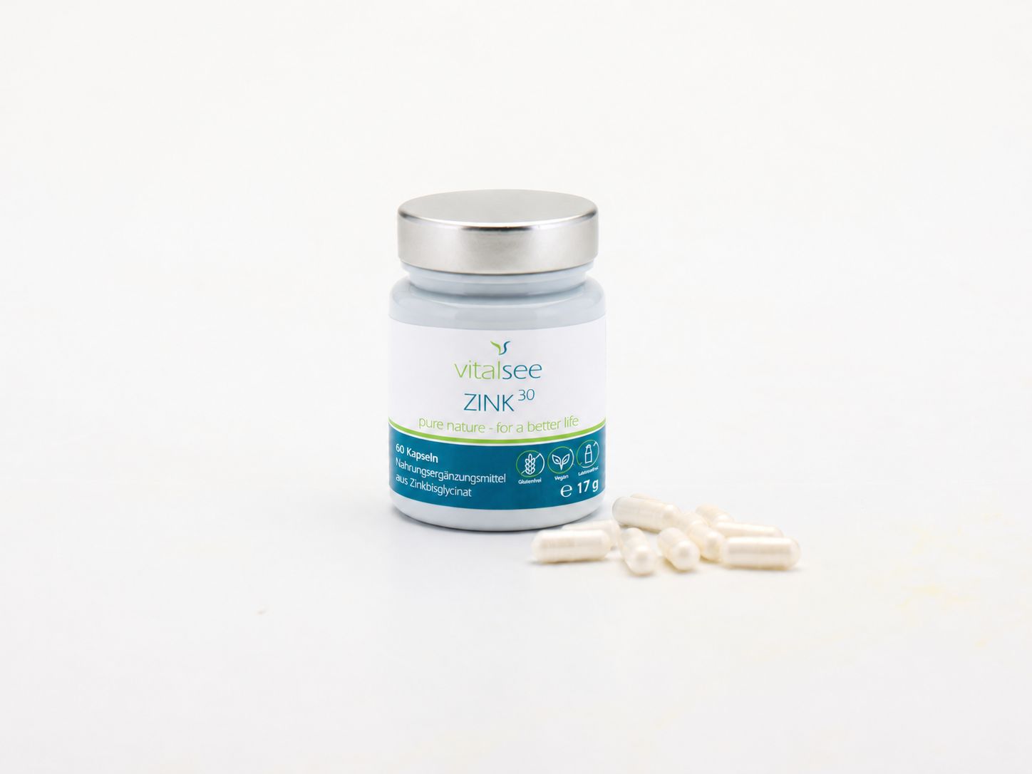 Rückseite einer Flasche mit 60 Kapseln Zink 30 mg. Enthält Zinkbisglycinat. Dosierung: 1 Kapsel alle 2 Tage.