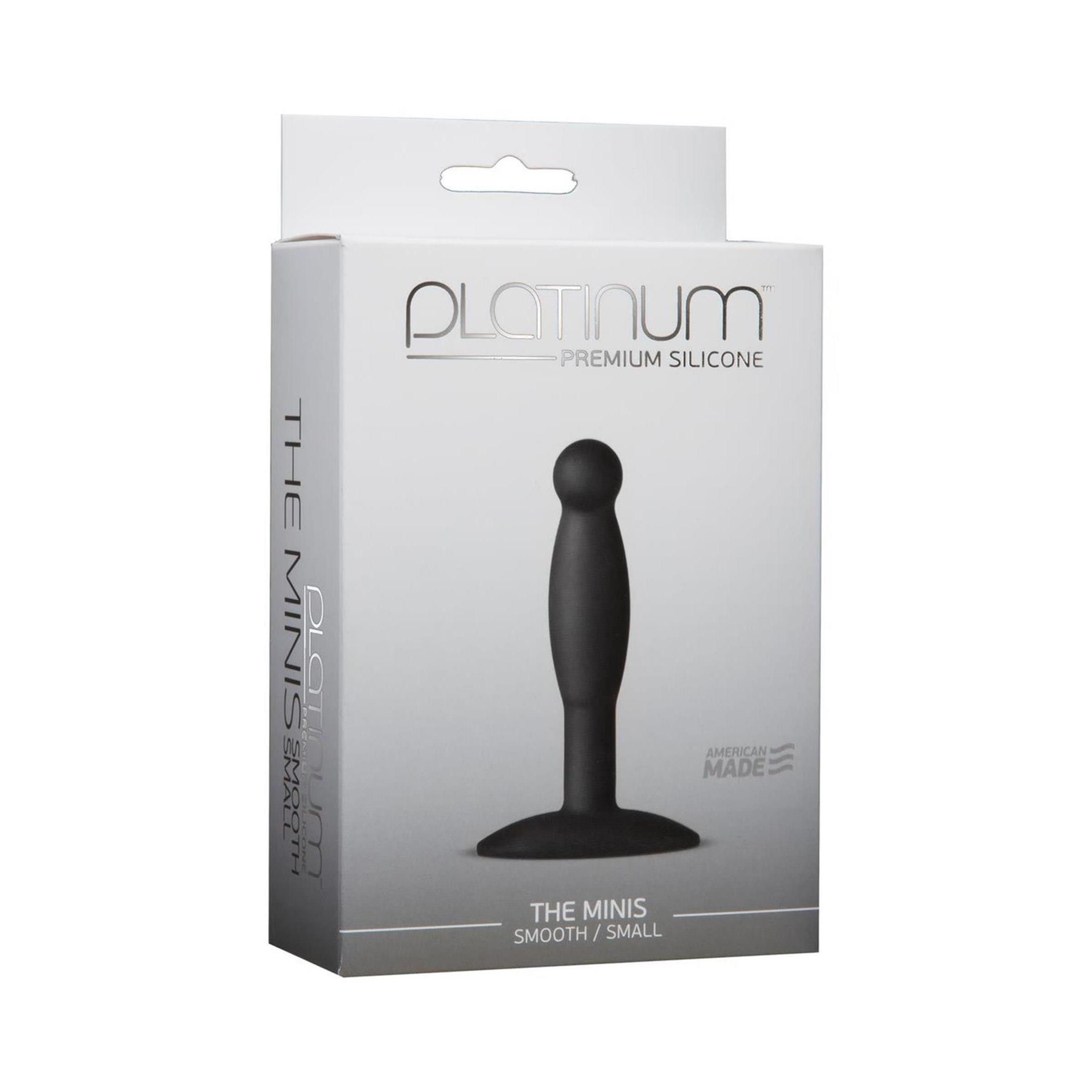 Schwarzer Butt Plug in Verpackung. Kugelformiger Kopf, zylindrischer Schaft, breite Basis. Aufschrift: "PLATINUM".