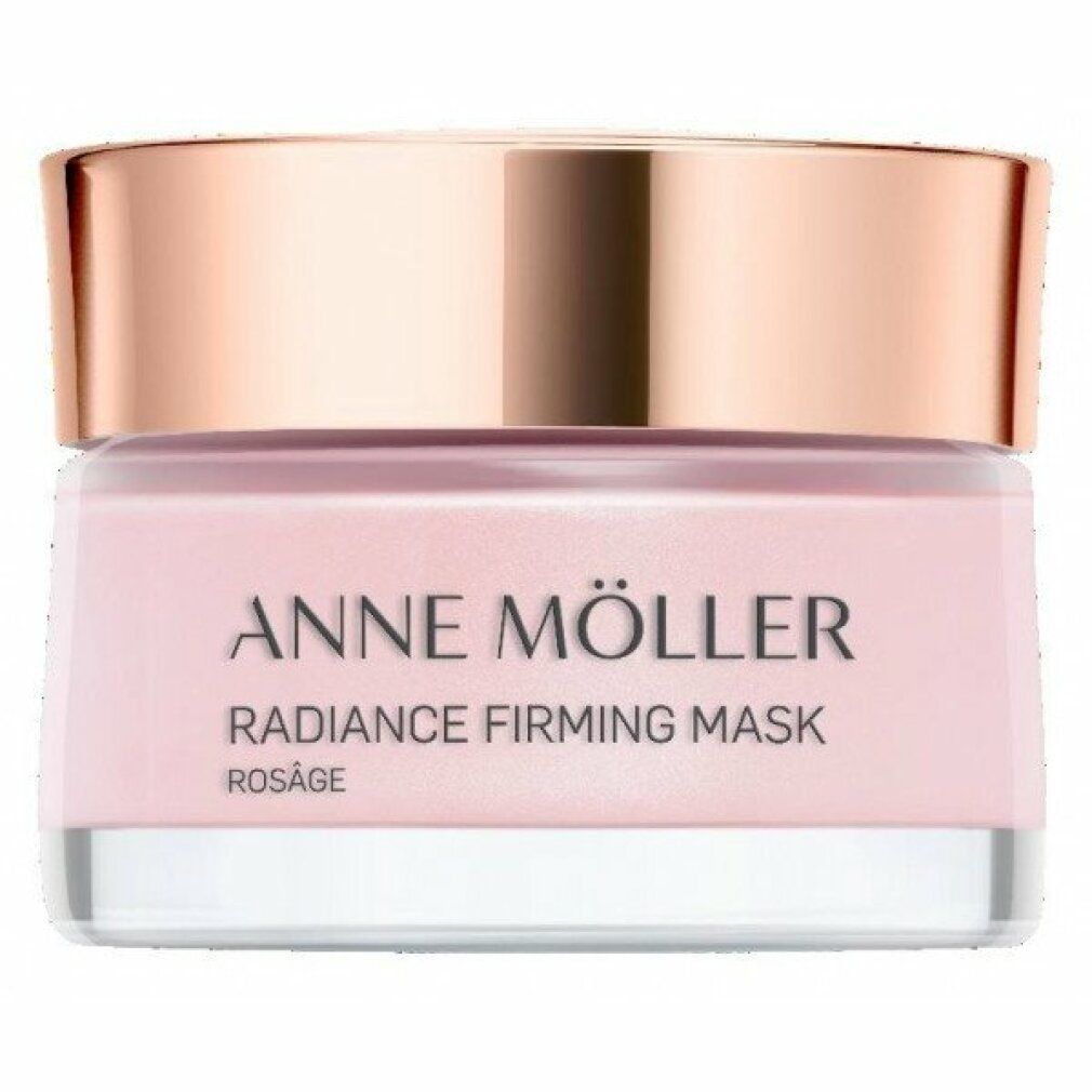 Glasbehälter mit rosafarbener Creme. Deckel in Roségold. Aufschrift: ANNE MÖLLER, Radiance Firming Mask, Rosâge.
