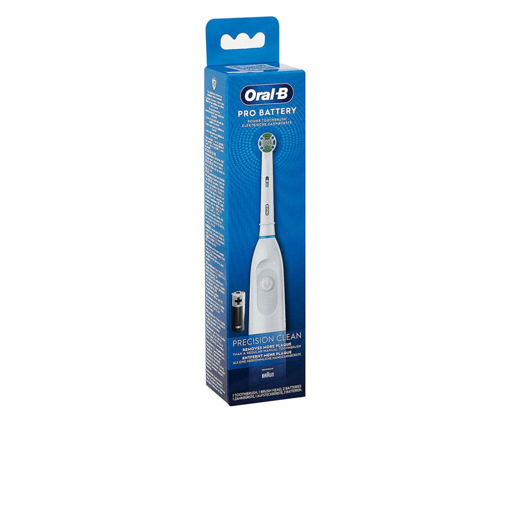 Verpackung der elektrischen Zahnbürste Oral-B Pro Battery Precision Clean. Blaue Box mit Produktabbildung und Text.