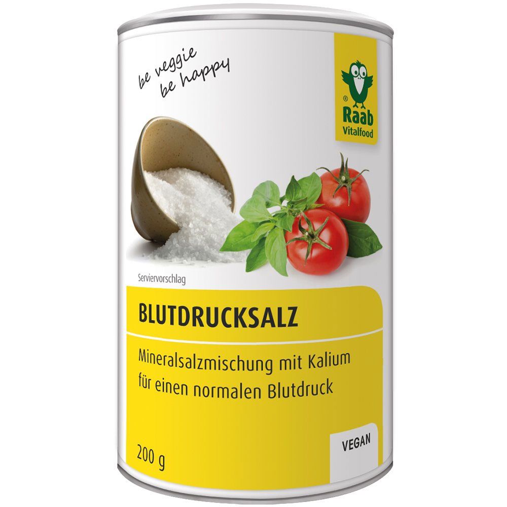 Zylindrische Dose mit Raab Vitalfood. Aufschrift: Blutdrucksalz, Mineralsalzmischung mit Kalium. Abbildung: Tomaten, Basilikum, Salz.