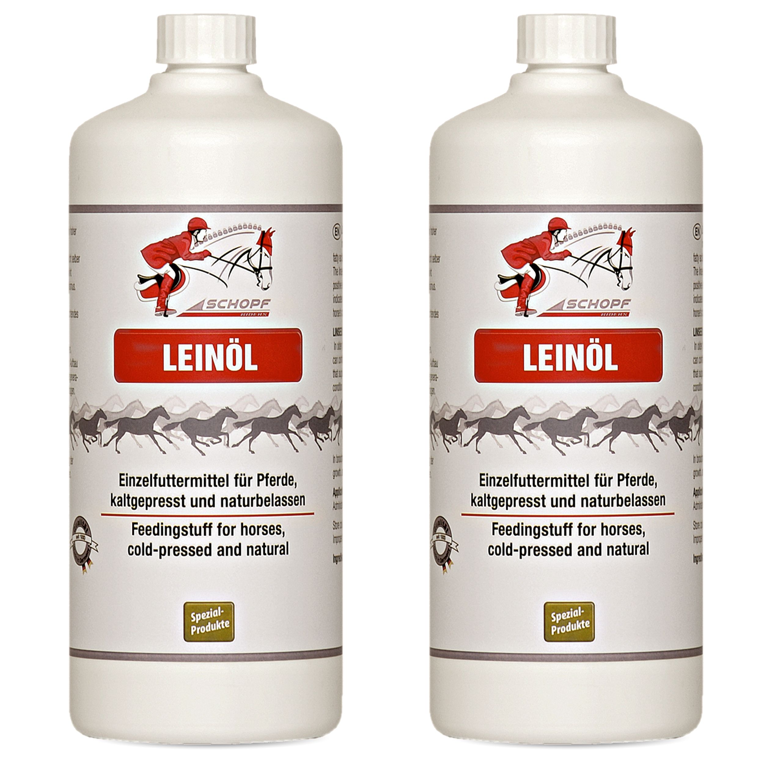 Zwei Flaschen SILBERKRAFT Leinöl. Weißes Etikett mit rotem Feld, Reiter-Illustration, Text: Leinöl.