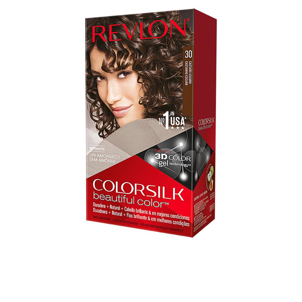 Haarfarbenbox Revlon Colorsilk. Dunkelbraun. Ohne Ammoniak. 3D Color Gel Technologie. Aufdruck: Beautiful Color. Nr. 1 in USA.