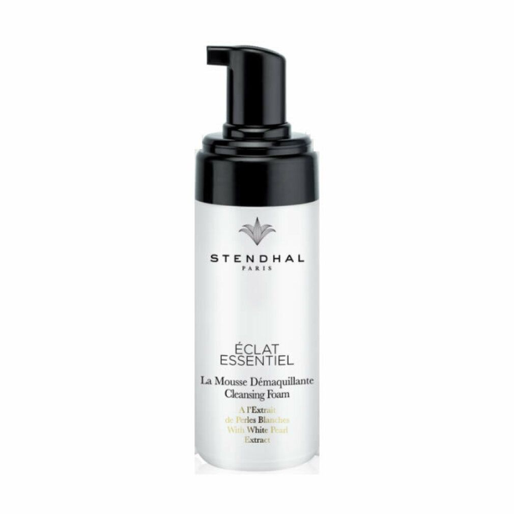 Weißes Fläschchen mit schwarzem Pumpkopf. Aufschrift: Stendhal Paris, Éclat Essentiel, La Mousse Demaquillante Cleansing Foam.