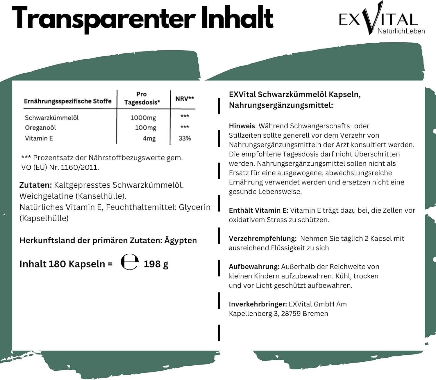 Text auf grünem Hintergrund. Enthält Informationen zu Inhaltsstoffen, Nährwerten und Anwendungshinweisen. 180 Kapseln = 198 g.